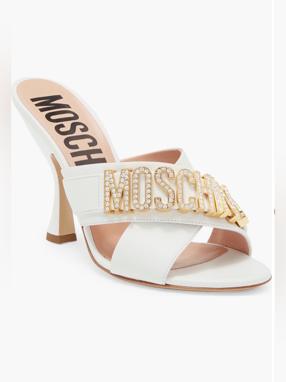 Moschino White Leather Crystal Logo Heel Slides - Picture 3 of 8